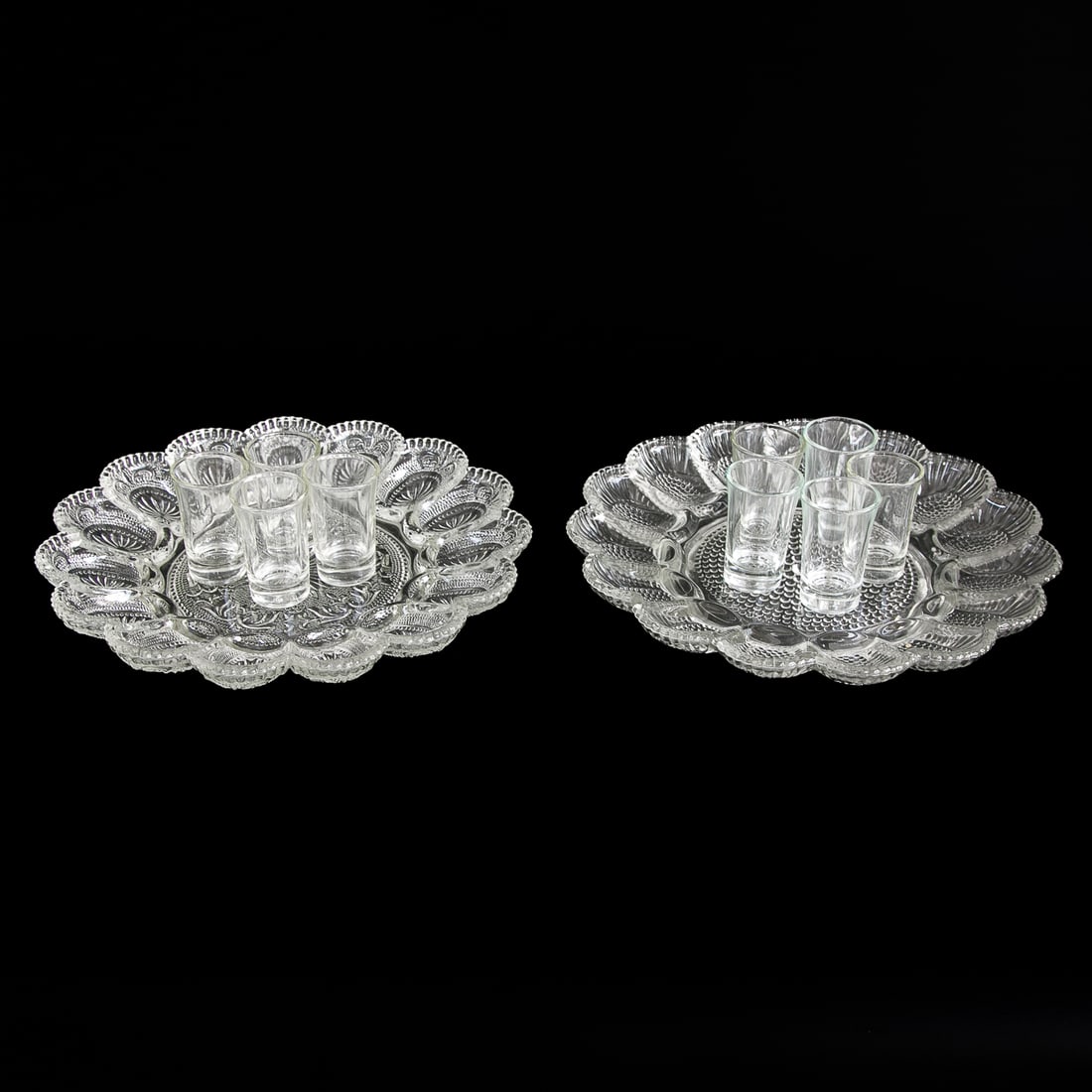 Group of Glass Items, Eleven Total Pieces: Group of Glass Items, Eleven Total Pieces, Includes One Vintage Indiana Glass Hobnail Deviled Egg Platter, 1.75" High, 11.25" Diameter; One Vintage L E Smith Deviled Egg Platter, 1.5" High, 11.25" Dia