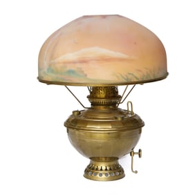 Bradley & Hubbard Brass Table Lamp, Having Reverse Painted Glass Shade