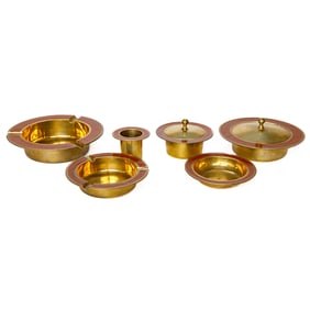 Brass and Enamel Decorative Desk Top Items, Six Total Pieces