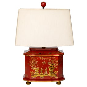 Shaped Red Chinoiserie Lacquered Style Table Lamp