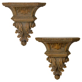 Plaster Faux Wood Finish Hanging Wall Brackets, Pair