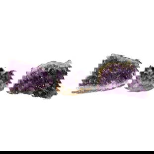 Uruguayan Amethyst Geode Clusters, Three Total: Uruguayan Amethyst Geode Clusters, Three Total, Includes One Having Amethyst Cluster and Polished Sides, 5" High, 5" Wide, 2.25" Deep; Along with One Cluster Having Unpolished Edges Yet Standing, 6" H
