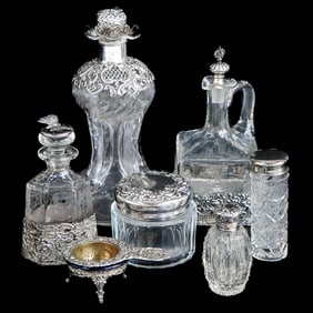 Group of Silver Plate and Glass Vanity Items, Seven Total