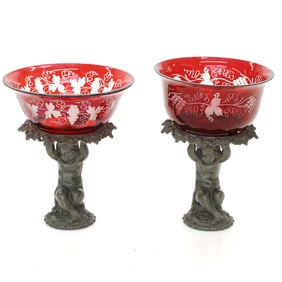 Vintage Verde Green Metal Seated Cherub Compotes, Companion Pair