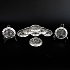 Set of Sterling Silver and Glass Coasters, Nine Total