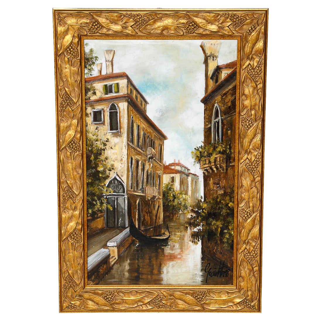 Contemporary Canal Scene, Oil on Canvas: Contemporary Canal Scene, Oil on Canvas, Depicting Venetian Canal Scene, Signed Lower Right, Housed in Ornate Gold Leaf Frame Featuring Leaf and Berry Designs. 32" High, 22" Wide, 1" Deep