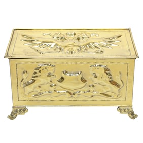 19th C. Russian Brass Cigar Humidor Featuring Double Eagle Insignia on Hinged Lid
