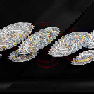 Vintage Cauldon English Porcelain Partial Dinner Service, Twelve Pieces Total: Vintage Cauldon English Porcelain Partial Dinner Service, Twelve Pieces Total, All Having Blue Border, Multi Color Floral Outer Edge, Multi Color Floral Interiors, Includes One Oval Serving Platter, 1