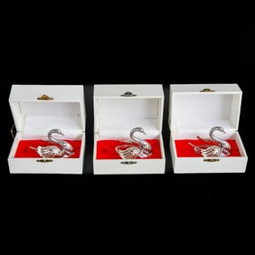 Vintage Silver Plated and Glass Swan Form Salt Cellars, Three Total