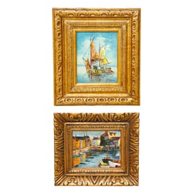 Harbor Scenes, Oil on Artist Board, Companion Pair