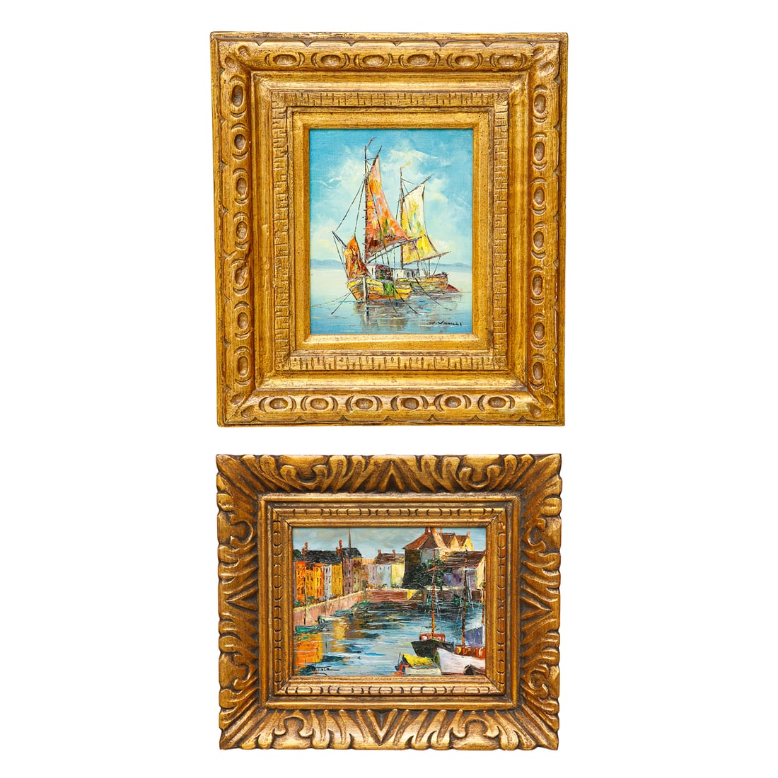 Harbor Scenes, Oil on Artist Board, Companion Pair: Harbor Scene, Oil on Artist Board, Companion Pair, One Vertical Depicting Multi Color Sail Boat Anchored at Sea, Signed Lower Right, Housed in Burnished Gold Leaf Frame Featuring Oval Designs, 18" Hig
