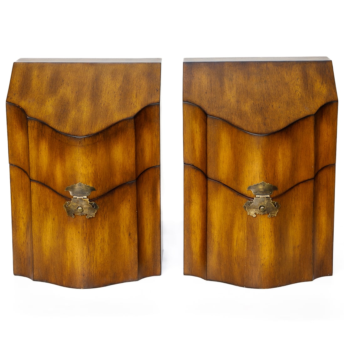 Chelsea House Wood Finish Knife Boxes, Pair: Chelsea House Wood Finish Knife Boxes, Pair, Having Shaped Front, Brass Hinges and Escutcheons, Interior Reveals Divided Letter/ Wine Storage. 14.5" High, 10.5" Wide, 8.75" Deep