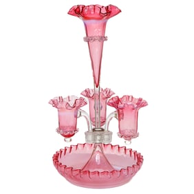 Vintage Victorian Art Glass Cranberry Epergne