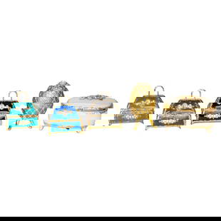 Group of Splendid Music Box Company, New York, Music Boxes, Five Total: Group of Splendid Music Box Company, New York, Music Boxes, Five Total, Includes Three Purse Shaped Music Boxes, One Cobalt Having Gold Handle and Swarovski Crystal Decorations, One Ebony Having Same