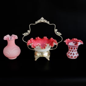 Group of Cranberry/Pink Art Glass, Three Pieces Total