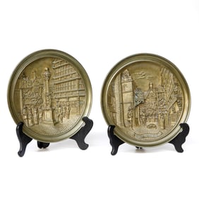 Antique English Solid Brass Embossed Plaques, Companion Pair