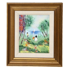 Vintage Louis Cardin Impressionistic Landscape Scene, Enamel on Copper