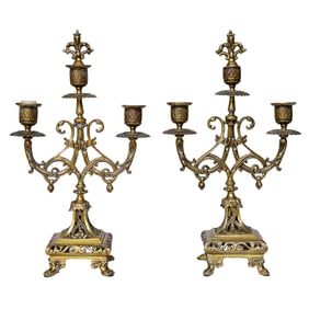 Vintage Brass Three Branch Candelabra, Pair