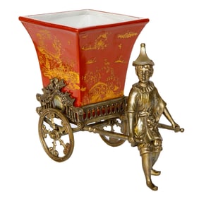 Vintage Castilian Rickshaw Man With Cart Transporting Porcelain Planter
