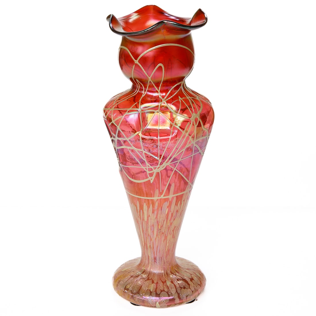 Iridescent Cranberry Art Glass Vase: Iridescent Cranberry Art Glass Vase, in Moser Style, Having Scalloped Edges, Gold Overlay, Gold Fleck Base. 13" High, 5" Wide, 4.5" Deep