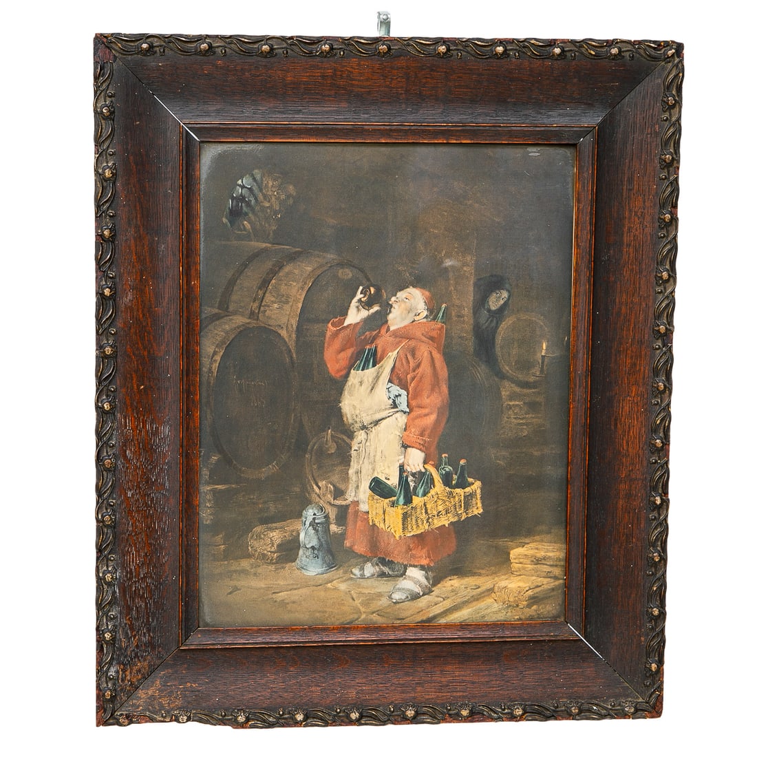 Framed Print, Monk in the Wine Cellar: Framed Print, Monk in the Wine Cellar, Depicting Monk Drinking Wine Near Casks, Someone Spying in Background, Housed in Carved Oak Frame Featuring Floral and Leaf Designs. 23.5" High, 20" Wide, .75" D