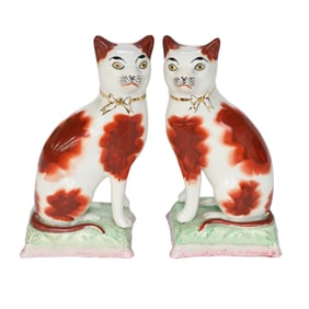 Antique English Staffordshire Seated Cats, Pair