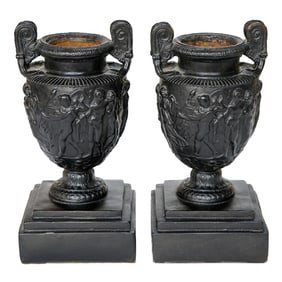 Neoclassical Ebony Spelter Urns, Pair