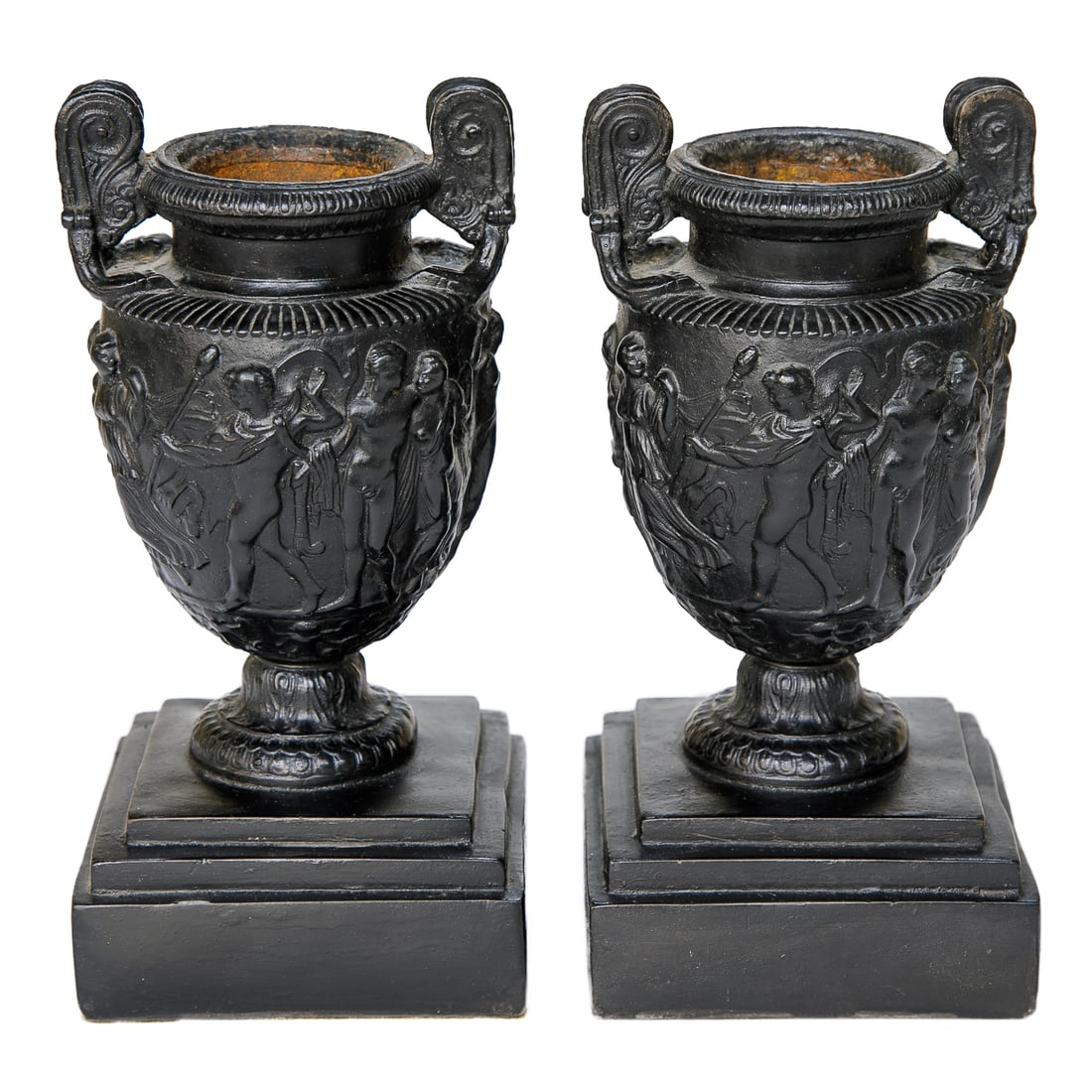 Neoclassical Ebony Spelter Urns, Pair: Neoclassical Ebony Spelter Urns, Pair, Featuring Scroll Handles, Neoclassical Figures of Males and Females In Relief on Body, Decorative Socle, Resting on Square Plinth Style Base, 9.5" High, 5" Squar