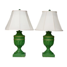 Contemporary Urn Form Painted Emerald Green Table Lamps, Pair