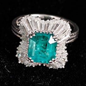Platinum Columbian Emerald and Diamond Ring, Size 6.25