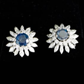 Platinum Blue Sapphire and Diamond Earrings,