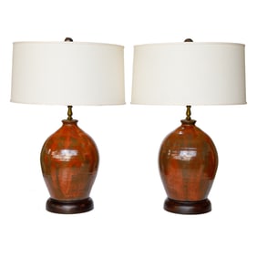 Contemporary Edgefield Red Jasper Glazed Table Lamps, Pair