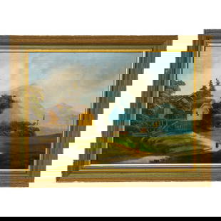 Vintage Mountain Landscape Scene, Oil on Artist Board: Vintage Mountain Landscape Scene, Oil on Artist Board, Depicting Cottage Near Mountains Along with Female Walking, Signed Lower Right, Housed in Simple Wood Frame with Green and Gold Accents. 22.5" Hi