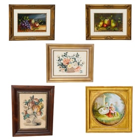 Group of Still Life Art and Painted Porcelain Plaque, Five Pieces Total