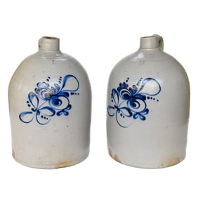 Vintage Salt Glazed Stoneware Two Gallon Jugs, Companion Pair
