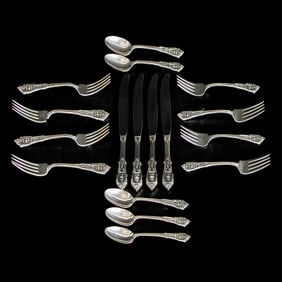 Wallace Sterling Silver Rose Point Pattern Four Piece Place Setting for Four, Seventeen Pieces