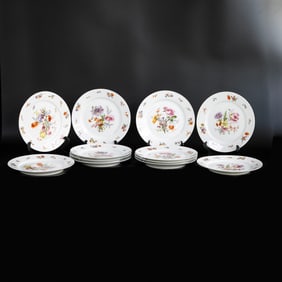Vintage Schwarzburg German Porcelain Floral Dinner Plates, Twelve Total