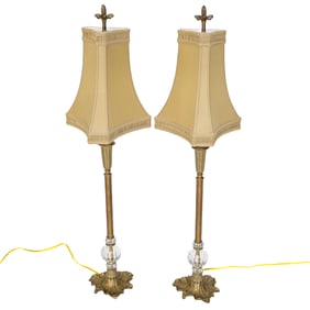 John-Richard Lighting Brass and Glass Candlestick Buffet Lamps, Pair