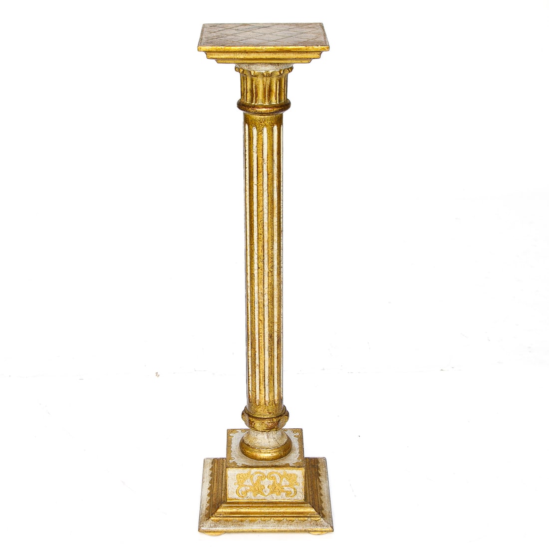Vintage Italian Florentine Style Pedestal: Vintage Italian Florentine Style Pedestal, Having Square Top Featuring Diamond Designs, Fluted Columnar Center, Resting on Floral Decorated Square Base, Terminating in Square Plinth Style Base, in Gol