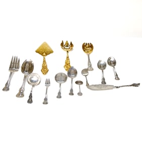 Group of Sterling Silver, Silver Plated and Gold Washed Serving Pieces, 14 Total Pieces