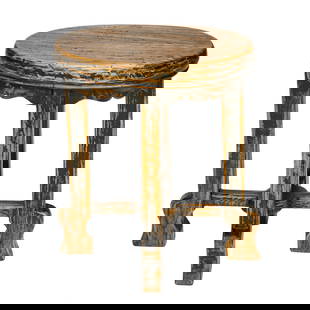 Antique Chinese Provincial Elm Oval Side Table: Antique Chinese Provincial Elm Oval Side Table, Having Oval Top, Shaped Apron, Resting on Square Legs, Having Center Support and X Shaped Support Stretchers, Terminating in Shaped Feet. 19.5" High, 18