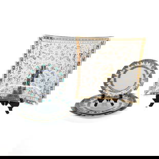 Group of Decorative Table Top Items, Four Total Pieces: Group of Decorative Table Top Items, Four Total Pieces, Includes One Mottahedah Charleston Feather Pattern Dinner Plate, One Matching Salad Plate, and One Matching Bread and Butter Plate, Along with O