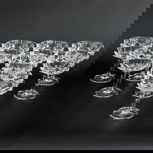 Gorham Crystal Tall Champagne Coupes/Sherbet Glasses, Eight Total: Gorham Crystal Tall Champagne Coupes/Sherbet Glasses, Eight Total, in King Edward Pattern, Hexagonal Stem, Resting on Circular Base, Marked on Bottom. 5" High, 4" Diameter
