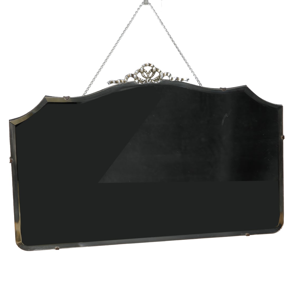 Vintage Decorative Wall Mirror: Vintage Decorative Wall Mirror, Having Shaped Top, Silver Bow Form Center Top, Beveled Mirror, Wood Back. 16.5" High, 25" Wide, 1.25" Deep