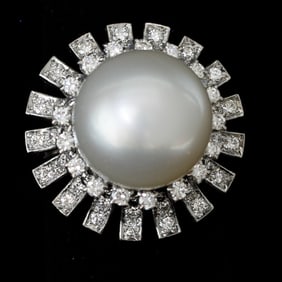 Platinum South Sea Pearl and Diamond Ring, Size 6.75