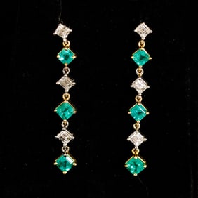 18K Yellow and White Gold Emerald and Diamond Earrings