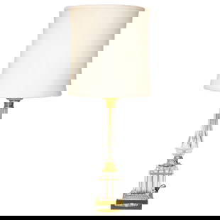 Empire Style Brass and Glass Table Lamp: Empire Style Brass and Glass Table Lamp, Having Brass Top, Tapered Fluted Glass Body, Brass Leaf Form Socle, Resting on Square Glass Fluted Bottom, Terminating in Square Metal Plinth Style Base Featur