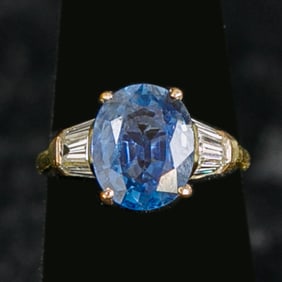 18K Yellow Gold Blue Sapphire and Diamond Ring, Size 4.75