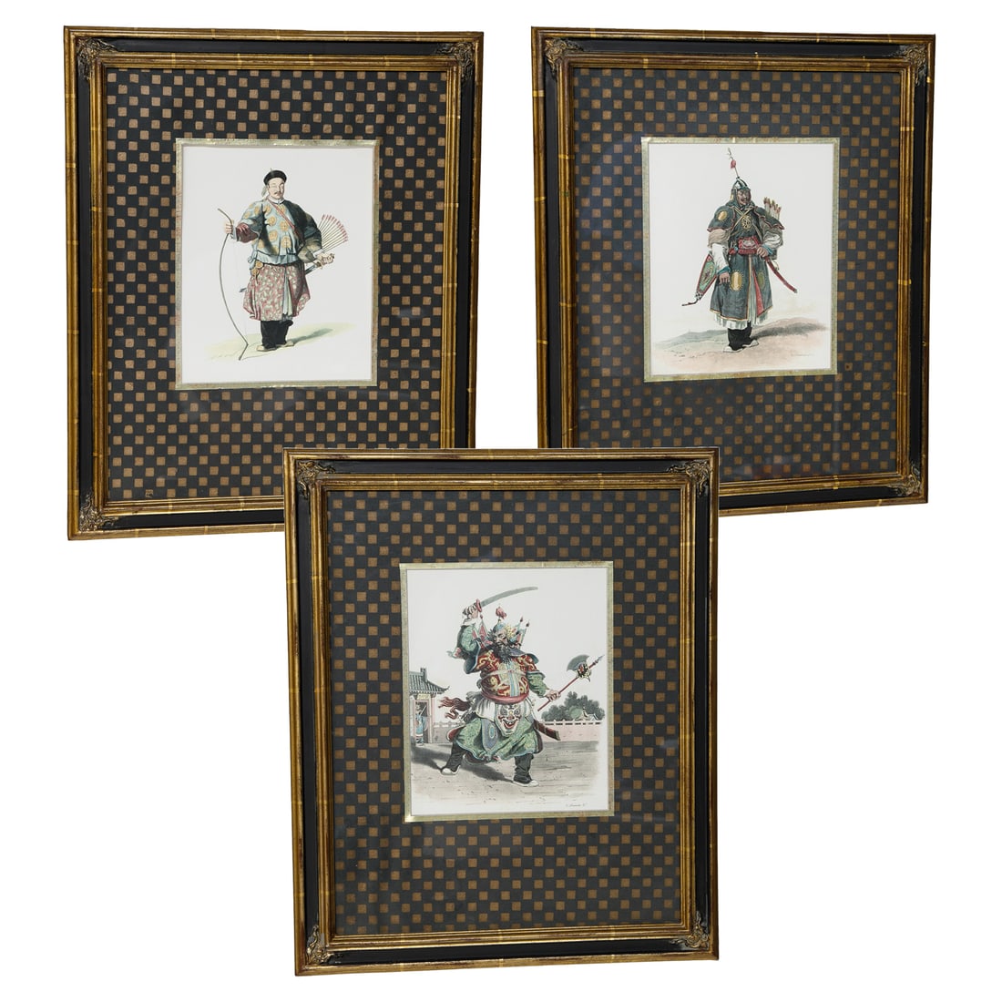Framed Chinese Warrior Prints, Three Total: Framed Chinese Warrior Prints, Three Total, Includes Two W. Alexander Hand Colored Warrior Prints, Taken From Engraved Copper Plates, One in Green Robe with Archery Equipment and Sword, One in Green R