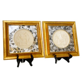 Vintage Framed Bisque Style Porcelain Plaques, Companion Pair